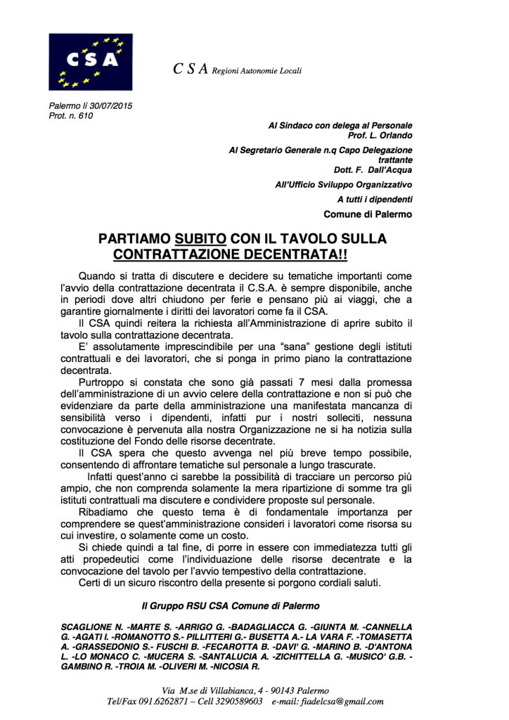 Richiesta tavolo sulla contrattazione decentrata lug 15